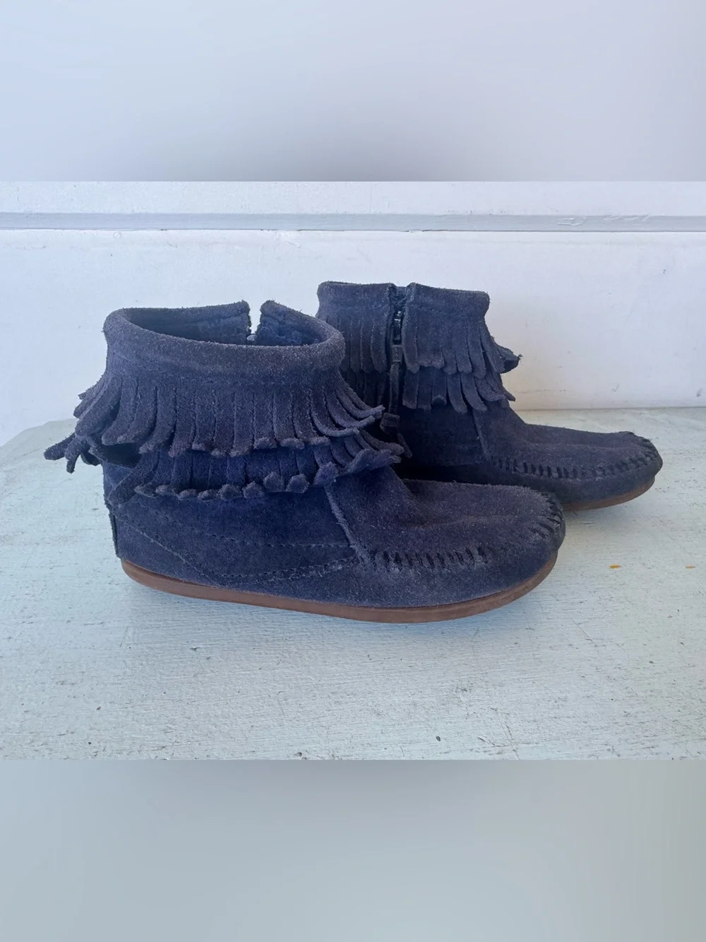 Minnetonka Navy Suede Fringe Moccasin Boots